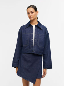 Veste en denim courte à délavage bleu foncé