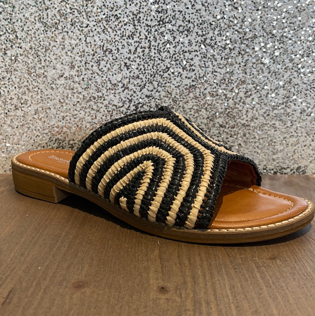 Sandales plates raphia noir et beige